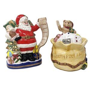 Fitz and Floyd 1993 Santa & Toy Sack Sugar Bowl Creamer Set Vintage Christmas